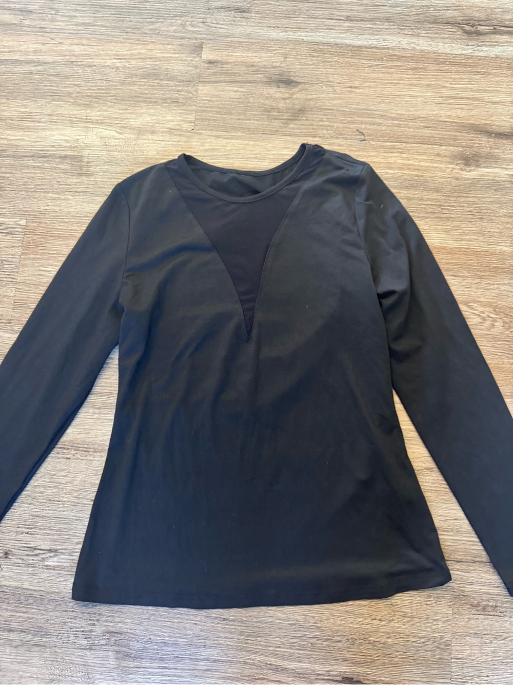Black Long-Sleeve Scoop Neck Top with V-Inset